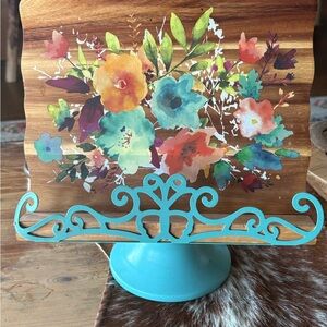 Floral Wooden Stand with Turquoise Base